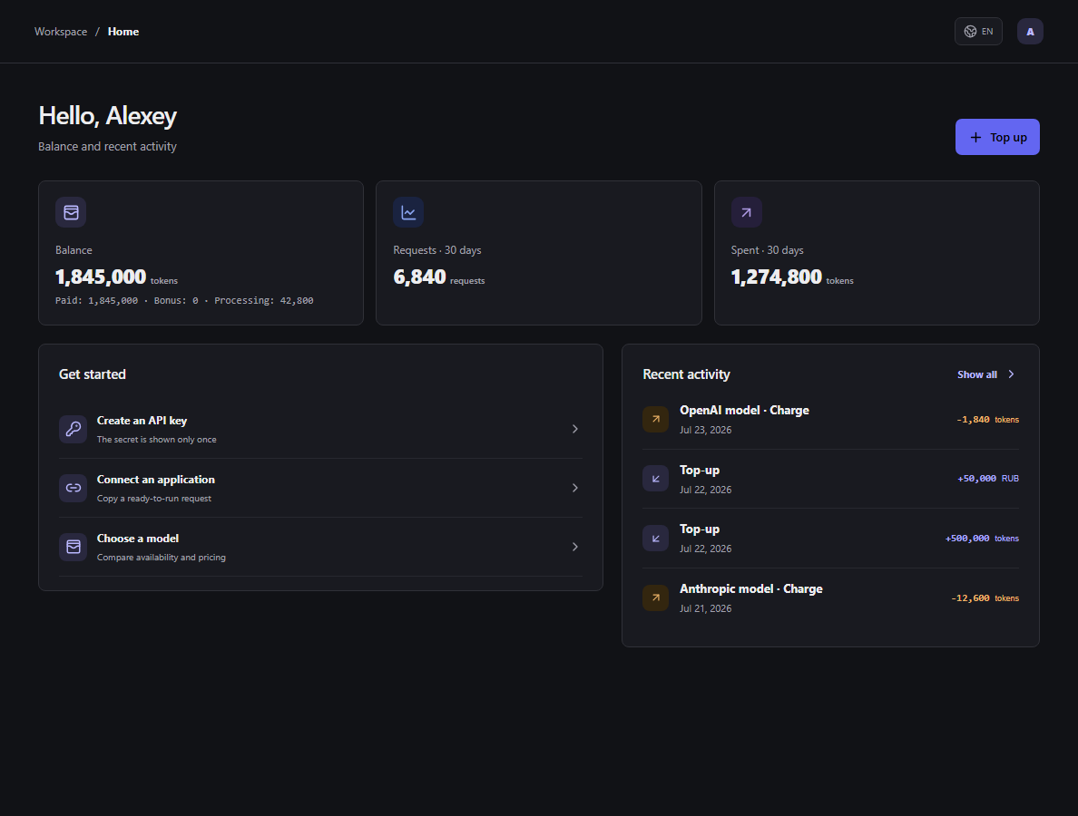 Tokeniser workspace home screen