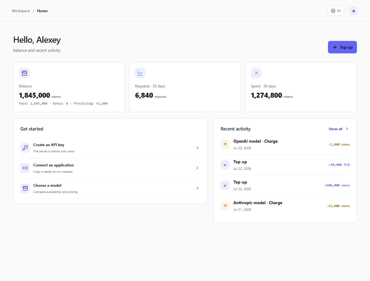 Tokeniser workspace home screen